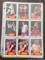 Photo showing nine WWF trading cards from 1985 featuring wrestlers in action and poses like King Kong Bundy, The British Bulldogs, Ricky Steamboat, Terry Funk, and others.