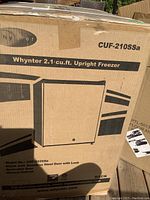 Front of Whynter freezer box showing CUF-210SSa model and graphic