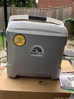 Front view of gray and white Igloo Iceless cooler on cardboard box, showing brand logo and handle.