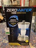 Front view of ZeroWater 5-stage advanced filtration water filter dispenser box showing product image and branding.