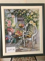 Original framed oil painting of a white chair with flowers, signed by Helen Collins.