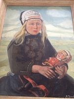 Full view of the oil painting showing the Dutch girl holding a doll, details of traditional clothing and background landscape visible.