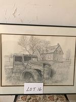 Front view of framed pencil drawing showing old truck and farmhouse in rural scene