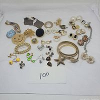 Full lot display on white background showing all assorted costume jewelry pieces including earrings, pins, bracelets, and brooches.