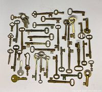 Full spread of various old skeleton keys arranged on a white surface showing different shapes, sizes, and metal tones.