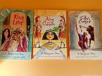 Three books shown side-by-side: King Lear, Antony and Cleopatra, Julius Caesar, all with illustrated front covers.