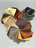 Leather sample swatches fanned out showing variety of colors and textures, attached to metal ring for browsing.