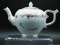 Side view of the teapot showing the spout and handle with gold gilded edges and floral garlands around the body.