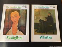 Front view of two vintage art books from The Great Artists series, Modigliani and Whistler, showing full front covers with featured paintings.