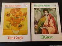 Front covers of two vintage softcover art books from 'The Great Artists' series featuring Van Gogh and El Greco, showing iconic artwork on each cover.