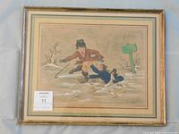 Full view of original framed French satirical painting with two men on ice, showing minor wear to frame and matting with hand painted bands.