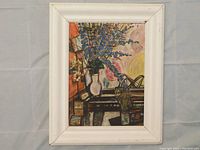 Full frontal view of the framed oil painting showing white wood frame and overall artwork