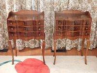 Frontal view of both side tables showing serpentine drawer fronts and cabriole legs