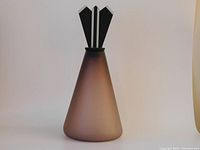 Full front view of the conical frosted glass decanter with stopper on, showcasing the overall shape and frosted gradient finish.