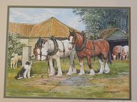 Tight view of watercolour scene showing horses drinking at trough and border collie