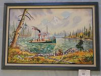 Full view of the framed original painting by Will Magee showing a steamship, lake or river, trees and distant mountains.