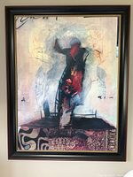 Full front view of framed large abstract mixed media painting with an abstract figure.