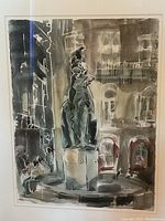 Close-up of the watercolor painting showing abstract urban scene with statue sculpture.