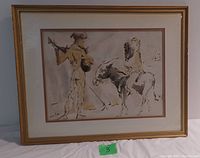 Framed original dry point etching by J. Schedler showing a woman, joker, and donkey in a muted palette with a gold frame.