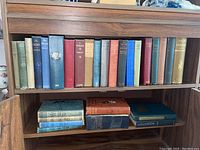 Books on shelf showing various titles and bindings, including Lovey Mary, The Fugitives, The Merck Manual.