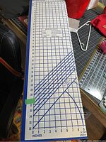 Top view showing inches measurements, grid, and angled lines on the sewing cutting board.