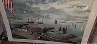 Full view of antique color engraving showing Fort McHenry with cannons, ships, American flag, and figures in period dress.