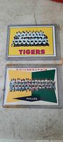 Front view of Detroit Tigers and Philadelphia Phillies team photo cards in protective sleeves.