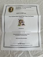 Front of gift certificate showing text, logo and cartoon illustration