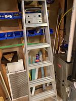 Full view of Reynolds aluminum step ladder showing six wide steps, top platform and side rails, nearby furnace and basement items visible