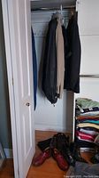 Closet view showing hanging outerwear and suits, and shoes on floor below.