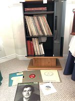 Shelf unit holding collection of vinyl records including LPs and singles, with some records spread in front on the floor.