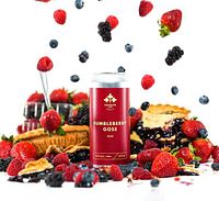Photo of Dominion City Brewing Bumbleberry Gose can with various berries and pies scattered around it.