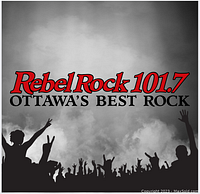 Rebel Rock 101.7 station logo over crowd silhouette
