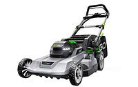 Front view of assembled EGO 21-inch cordless lawnmower with battery installed and grass catcher attached
