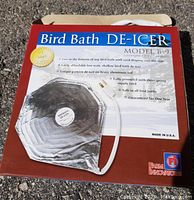 Bird Bath De-Icer box showing product name, model, usage instructions, and country of manufacture.