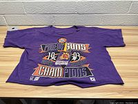 Front view of the vintage purple T-shirt showing the full championship graphic for Phoenix Suns 1992-93 season.