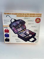 Photo of the back of the box showing the open organizer display with labeled compartments for grooming essentials and usage features