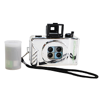 Front and side view of Lomography camera with attached wrist strap, next to roll of Fuji 400 film in plastic container.