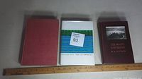 Three hardcover books about the St. Lawrence River, showing covers from left to right: red cloth without dust jacket, a book with a blue and green dust jacket, and a dark reddish-brown cloth cover with a photo on front.