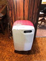 Front view of white Canadian Tire dehumidifier with pink doily on top in room with carpet and wood paneling.