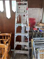Full view of five foot aluminum step ladder in garage setting.