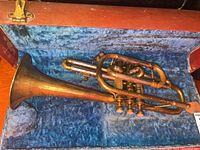 Trumpet shown fully inside blue velvet-lined case with reddish-brown exterior.