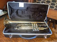 View of trumpet lying in open black hard case with plush interior lining, showing the full trumpet body and valve configuration.