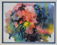 Full view of the framed abstract floral watercolour painting with a colorful blend of pink, green, yellow and blue, visible signature lower right.