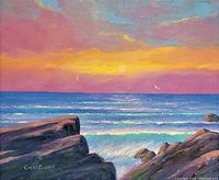 Front view of framed oil painting depicting seascape with sunrise, rocks and ocean waves, signed by artist.