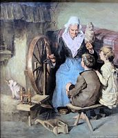Front view of the oil painting focusing on the woman, children, spinning wheel, and cat within an interior setting.