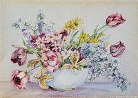 Close-up view of the original watercolor painting depicting a floral arrangement in soft colors, signed with initials 'EMB'.