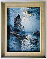 Full view of framed impressionist oil painting showing seascape scene with boats and sky, within vintage wood frame with fabric mat.
