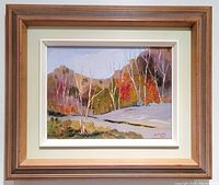 Framed painting, straight-on view showing wood frame, mat, and artwork