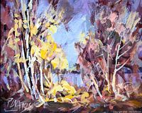 Close-up of the oil painting showing the vibrant colors and signature 'P. Lakatos' in the lower left.